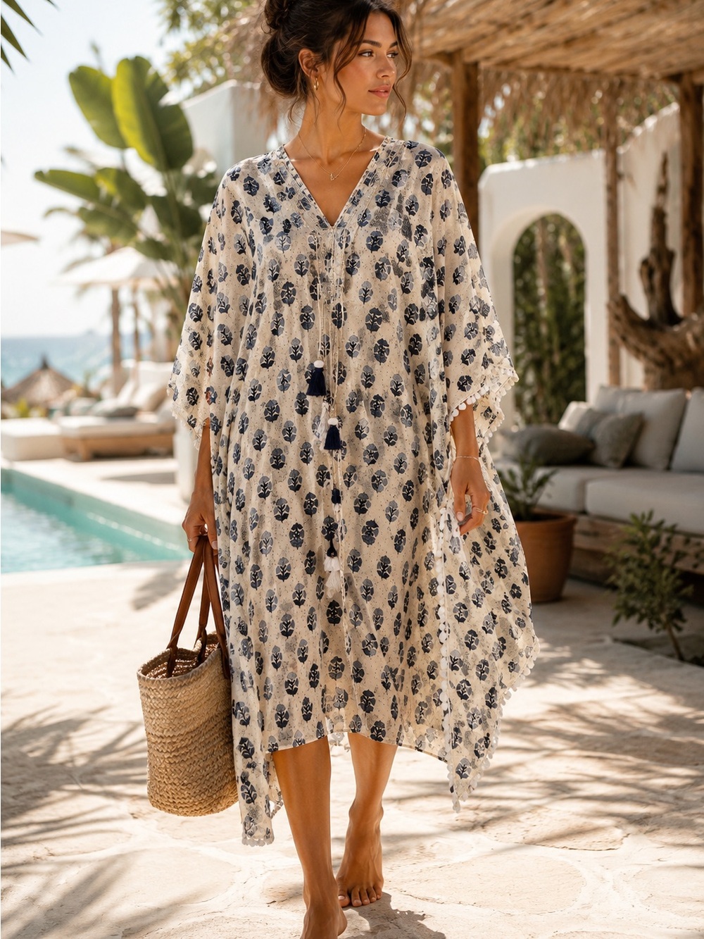 Cotton Block Print Kaftan Cover Up Beach Resort One Size